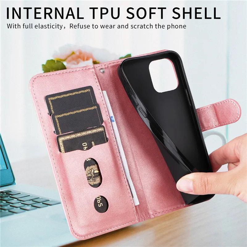 Flip Magnetic Leather Wallet Phone Case with Zipper Card Slot