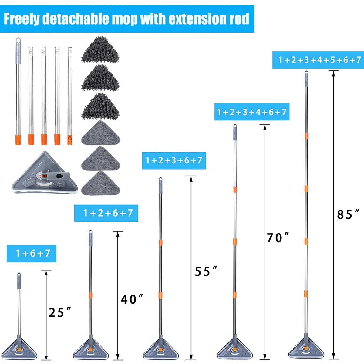 Wall Mop with Long Handle 360 ° Rotating Triangle Microfiber Wall Cleaning Mop Adjustable Dry and Wet Dust Mop Cleaner for Floor 6
