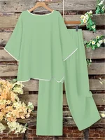 Plus Size Women Casual Fashion Set Loose Comfortable Open Split Half Sleeve Top Wide Pants Long Pant Two Piece Outfit Pajama Set - Image 4