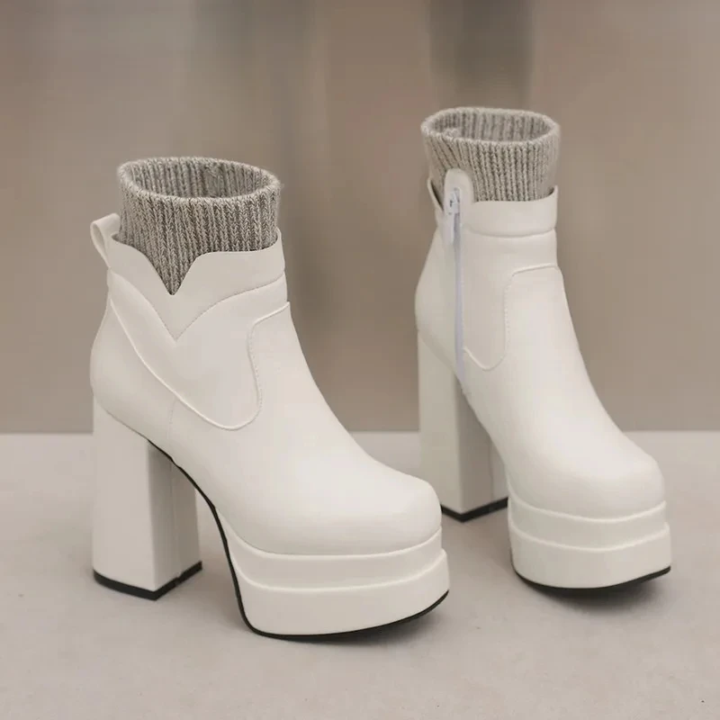 

New Knit Boots Woman Pu Leather Patchwork Short Boots Platform Shoes Women Chunky High Heel Stretch Ankle Boots Women Size 34-50