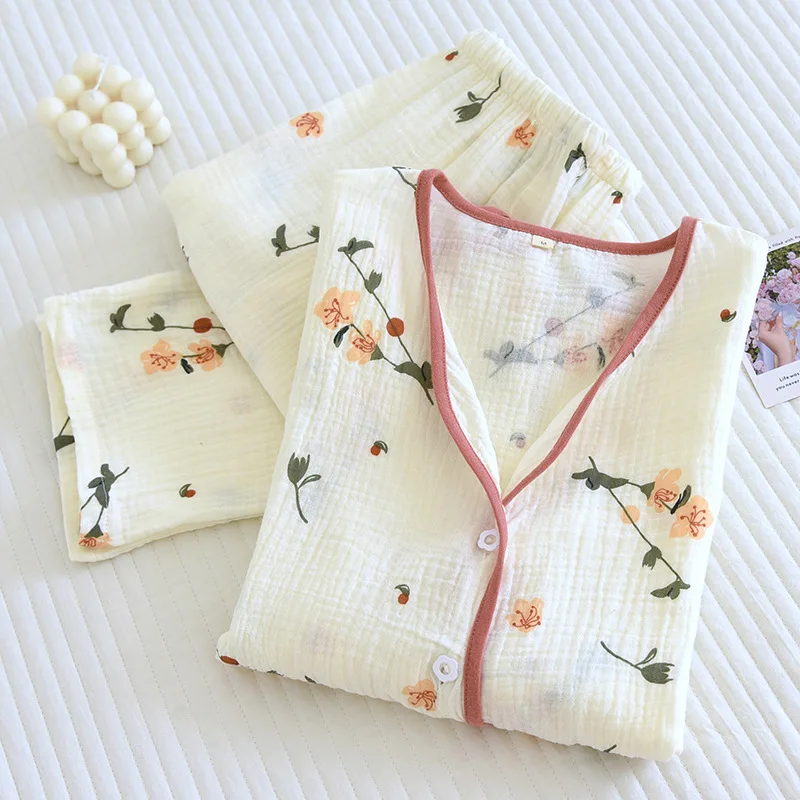 New Sleepwear Gauze Cotton Pajamas For Women Floral Long Sleeve Loungewear 2023 Spring Fashion Home Clothing Homewear