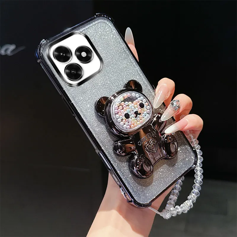 Stoßfeste Handyhülle mit 4 Ecken und niedlichem 3D-Bärenständer, Kristallketten-Lanyard für Honor X5c Plus X5b Plus X6c X6a X6b Rückseite – Detail 11