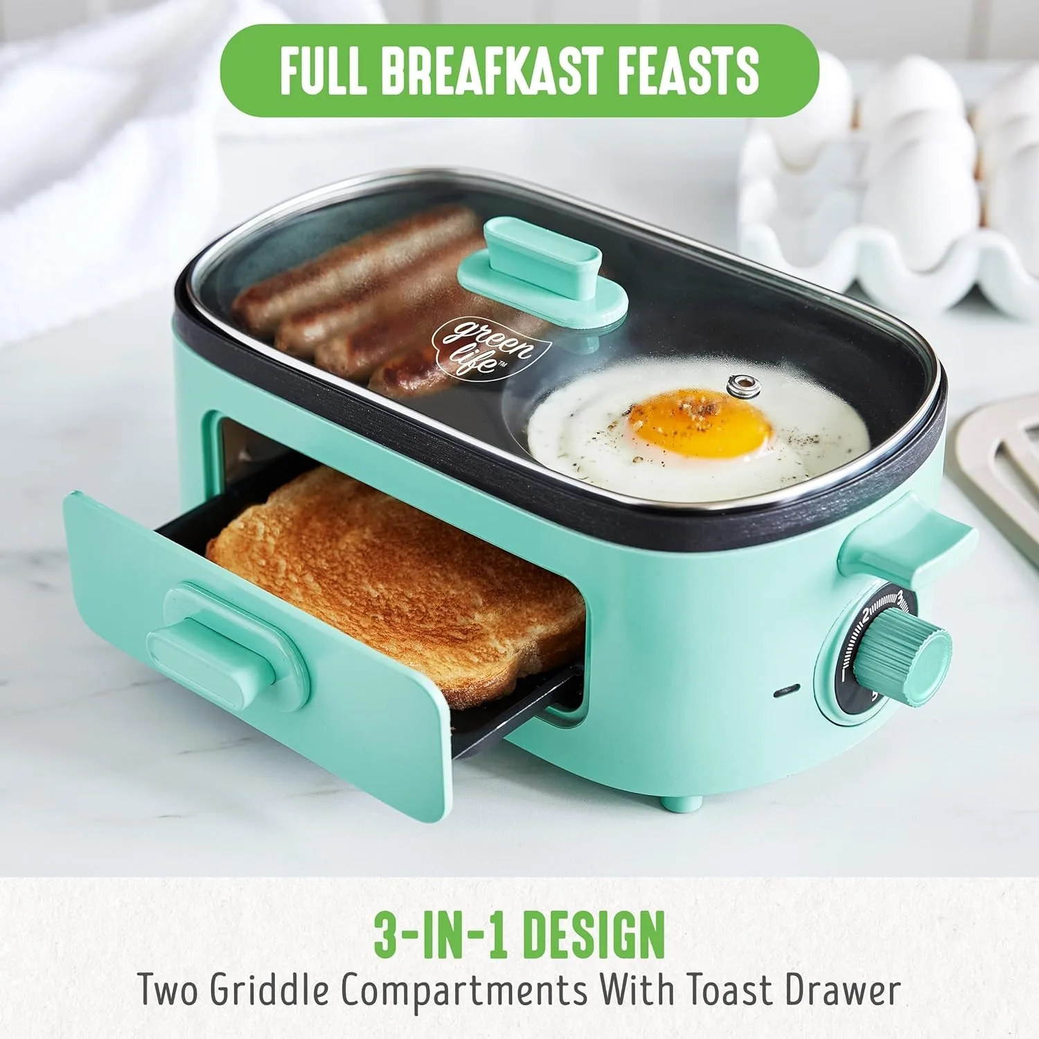 3-in-1 Breakfast Maker Station, Ceramic Nonstick Dual Griddles & Breakfast Sandwiches, 2 Slice Toast Drawer, Turquoise 6