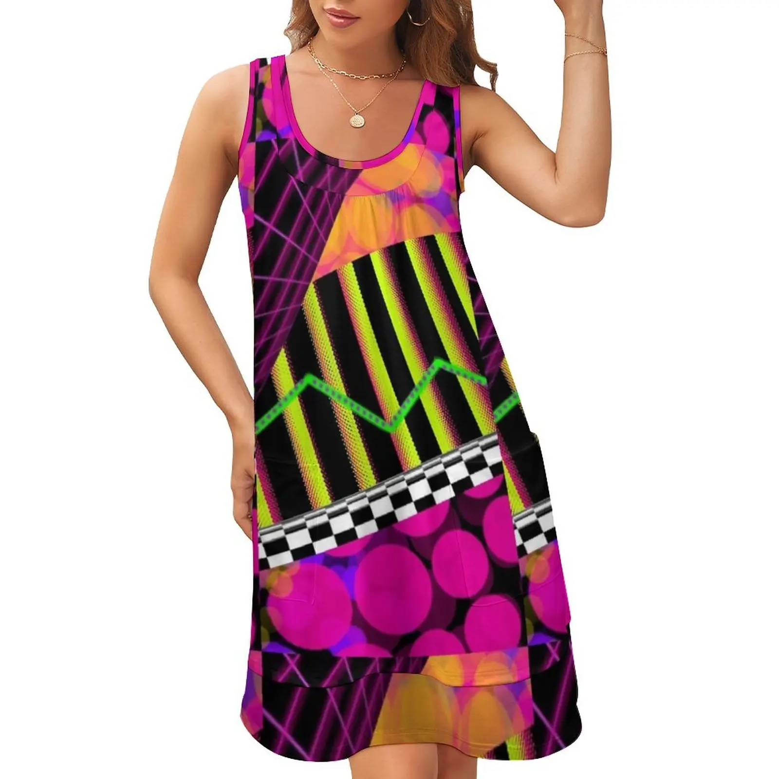 

Electric BananaWaves - 80's style neon abstract graph grid Sleeveless U-Neck Fake Two Piece Dress dress korean style