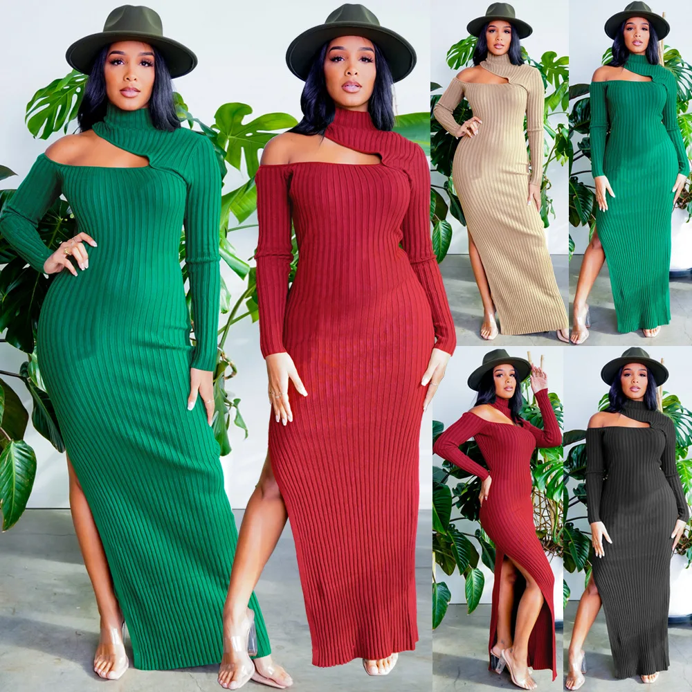 

Autumn Winter Sexy Slit Dress High Neck Pit Stripes Long Skirt for Women