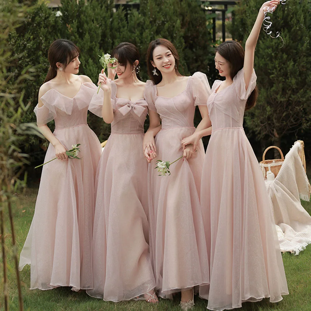 

Elegant 4 Styles Bridesmaid Dress Women's Square Collar Short Puff Sleeves A-Line Classical Tulle Wedding Party Guest Vestido