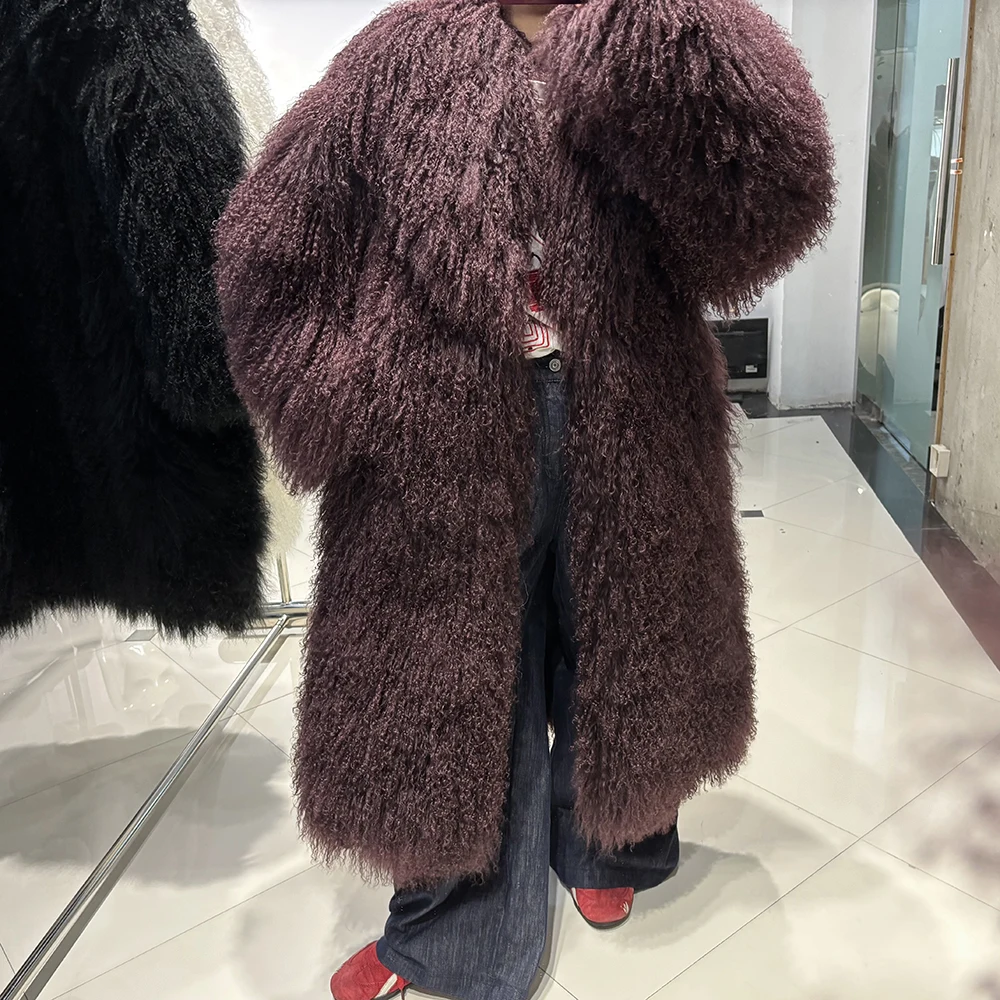 YOLOAgain 2025 Winter Warm Turn-Down Collar Real Mongolia Sheep Fur Jacket Long Women Plus Size 6XL Outerwear