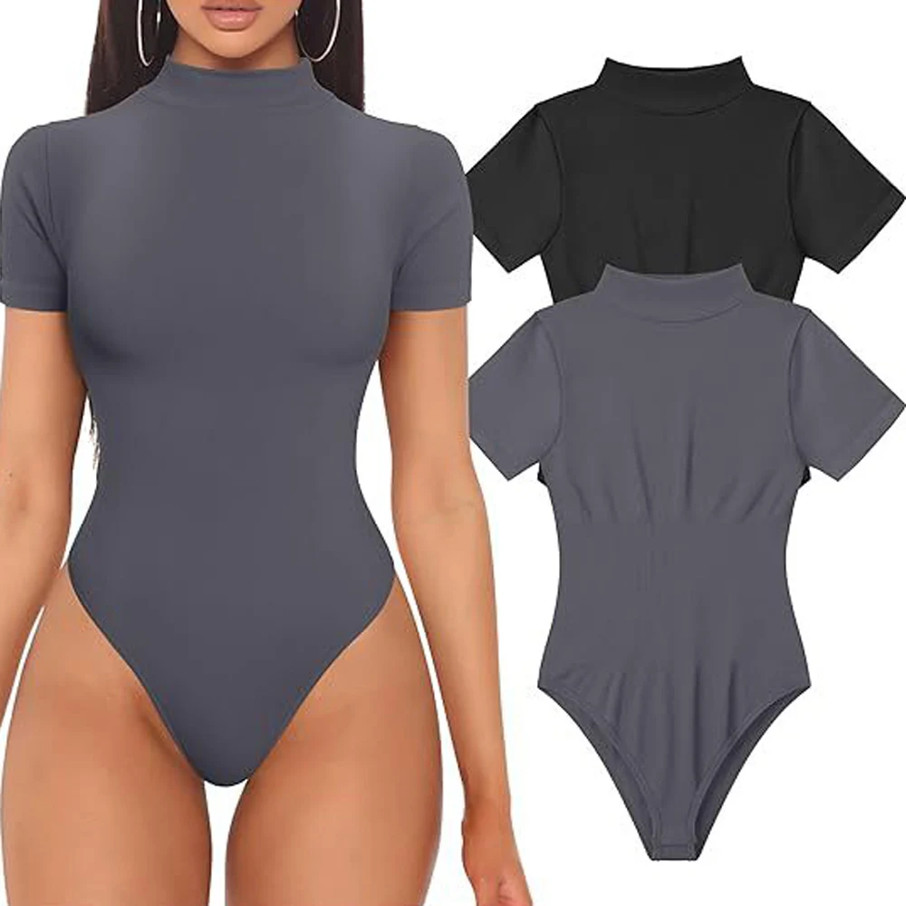 Women Summer Short Sleeve Turtleneck Bodysuit