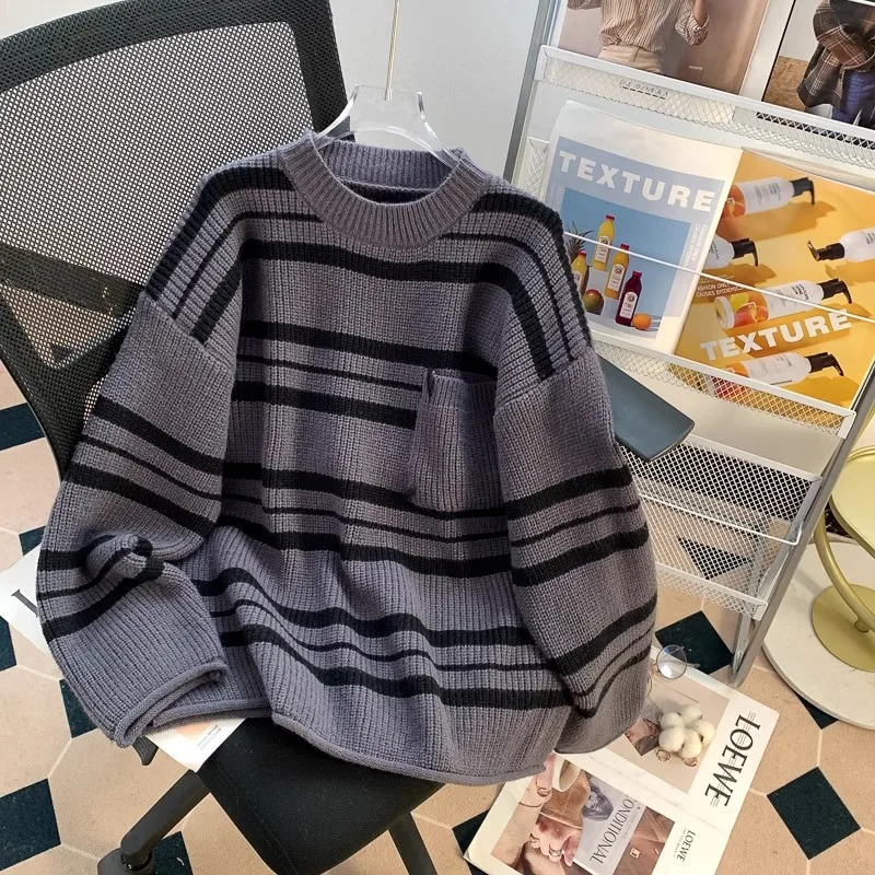 

Vintage Striped Sweater Women Knitted Pullovers Single Pocket Loose Jumpers Korean Style Autumn Winter O Neck Female Sweaters