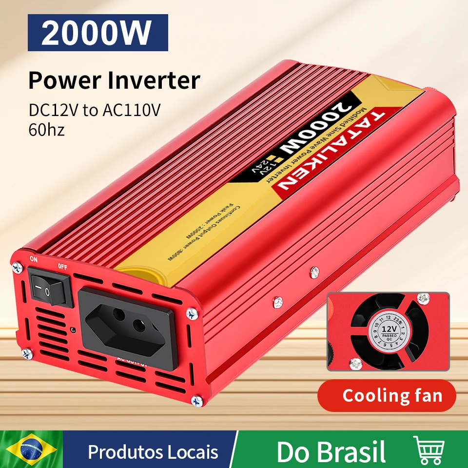 Inversor de Energia do Carro com Adaptador de Carregador Rápido Usb Duplo Conversor 60hzac 12v dc para 110v 220v 2000w Vermelho