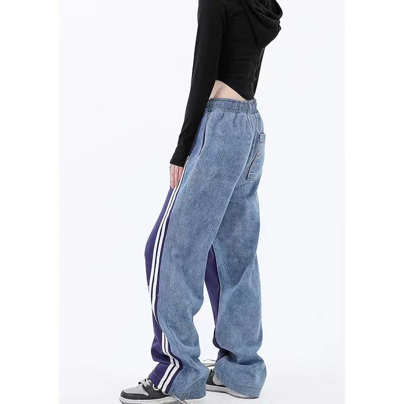 Women Early Spring High Waist Contrast Color Drawstring Tie Up Sweatpants High Street Wide Leg Straight Cylinder Lady Trousers_voghion.com