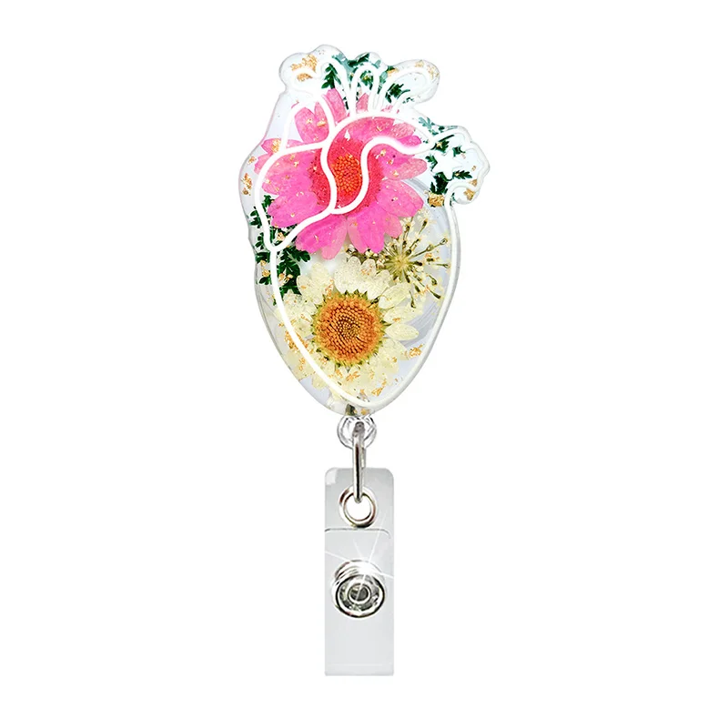 True Flowers Drops Of Glue Heart Nurse Badge Reel Retractable ID Badge Holder With 360 Rotating Alligator Clip Name Holder