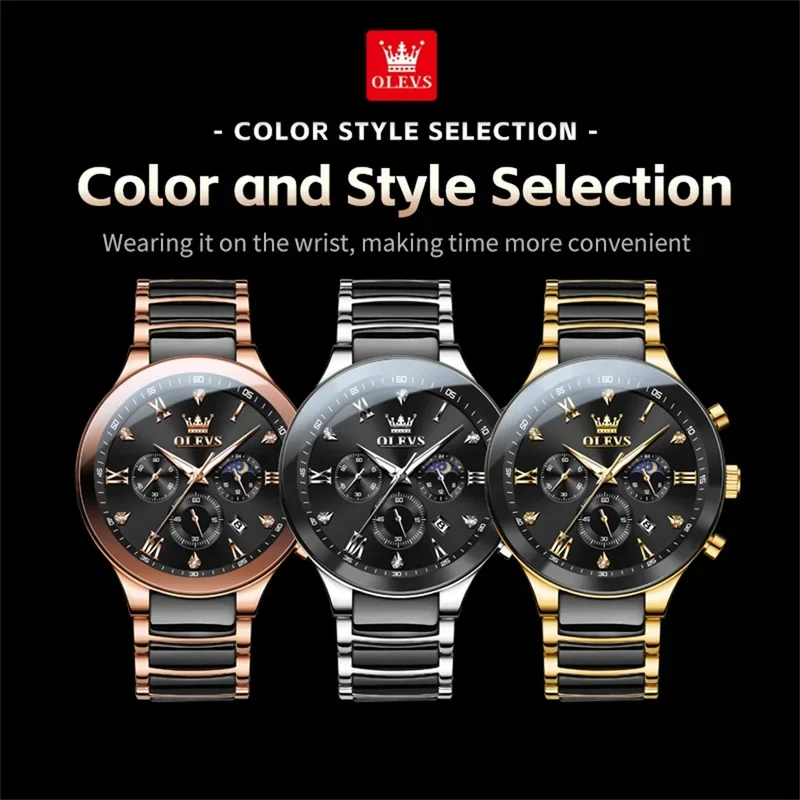 OLEVS Original Quartz Watch for men Luxury Ceramic Strap Men's Watches Moon Phase Waterproof Luminous Wristwatch Reloj de Hombre
