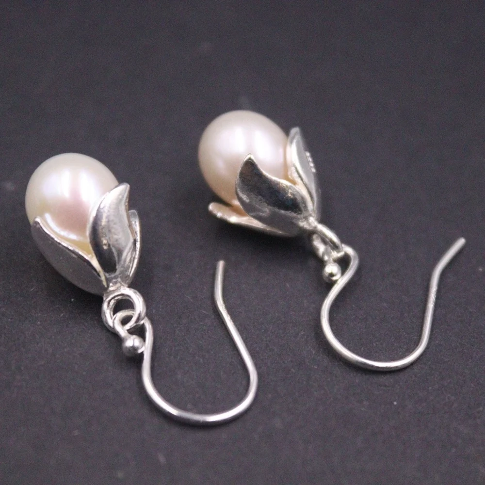 

Real Solid 925 Sterling Silver Dangle Women Bless Lucky Pearl Flower Earrings