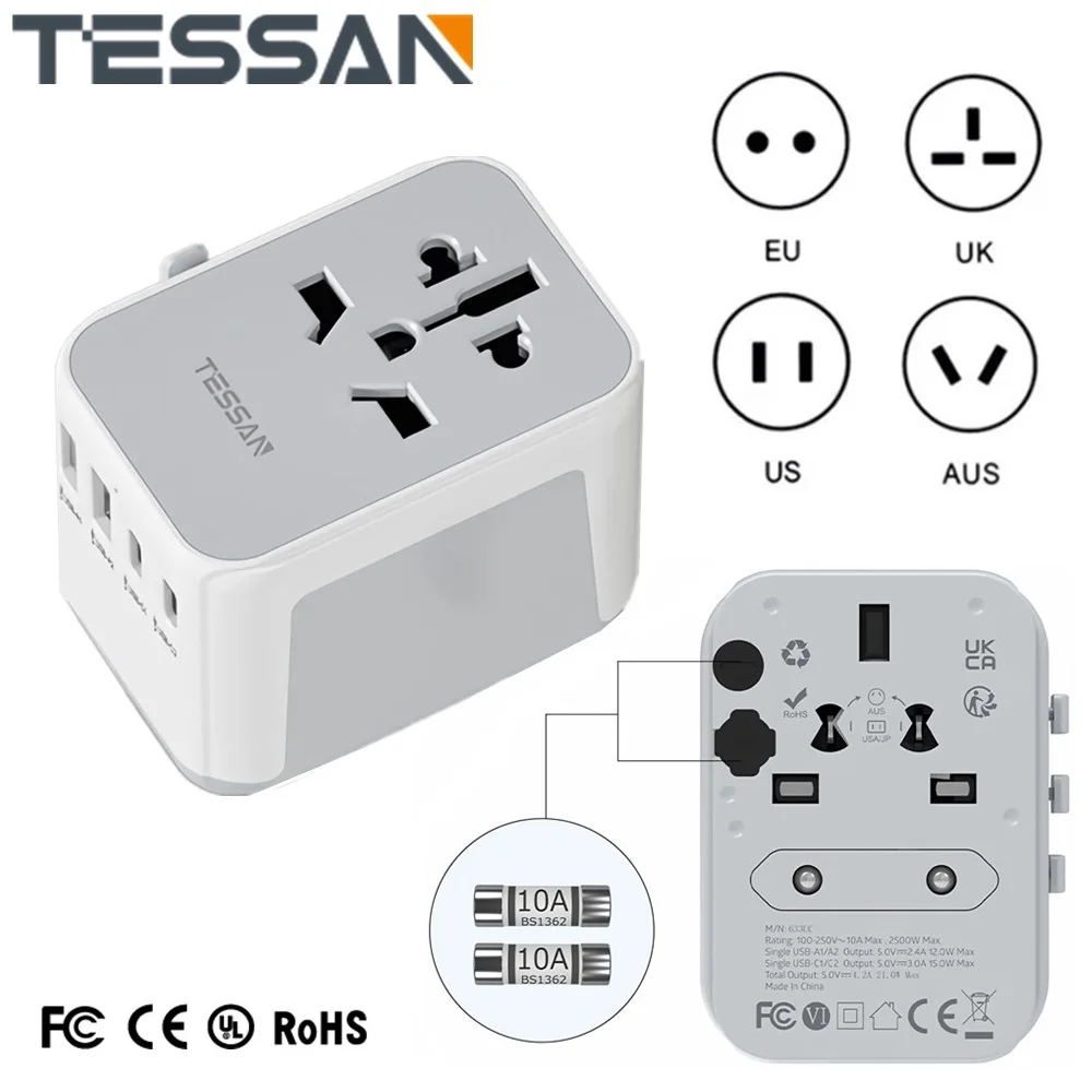 

TESSAN Mini Universal Travel Adapter with USB Ports Type C International All-in-one Power Adapter EU/UK/USA/AUS plug for Travel