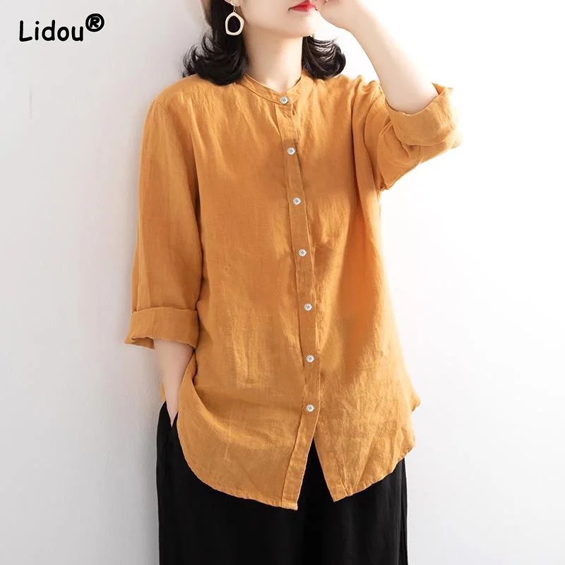 Loose Retro Solid Thin Blouses Autumn Winter Button Straight Neutral Comfortable Hipster Temperament Hemp Women's Clothing 2022