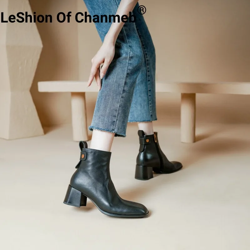 

LeShion Of Chanmeb Genuine Leather Women Short Boots Hand Made High Quality Block Heels Zipper Ankle Boots Ladies Black Shoes 40