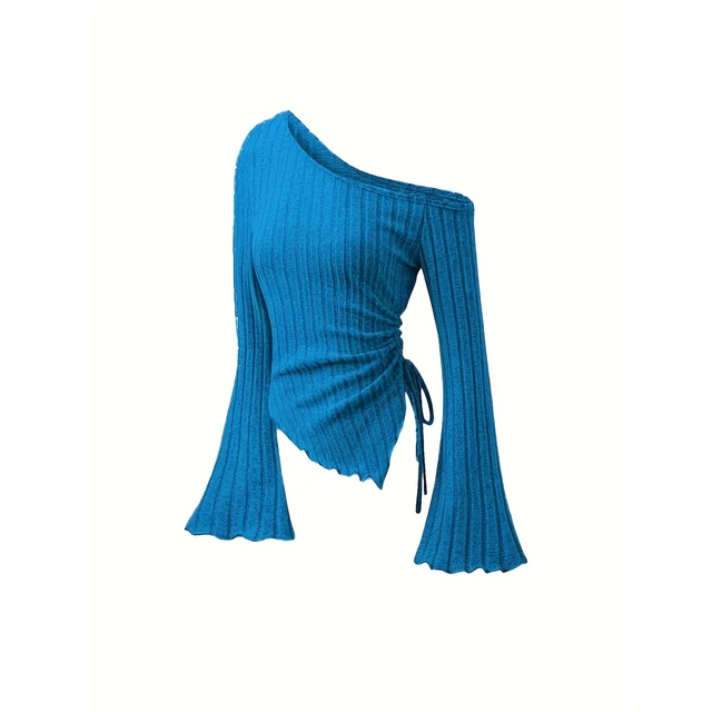 Women's Off Shoulder Sweater – Long Sleeve, Asymmetrical Hem, Flare Sleeves, Slim Fit Knit Top For Casual Or Dressy Outfits