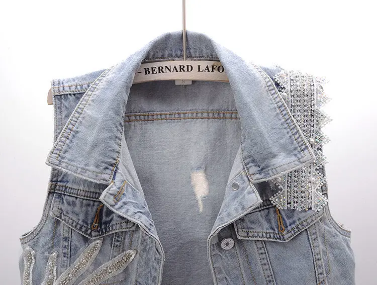 Women's Korean Style Lace Beaded Denim Vest Denim Waistcoat Fashion Cardigan Sleeveless Cropped Top Loose Plus Size Ripped Vest