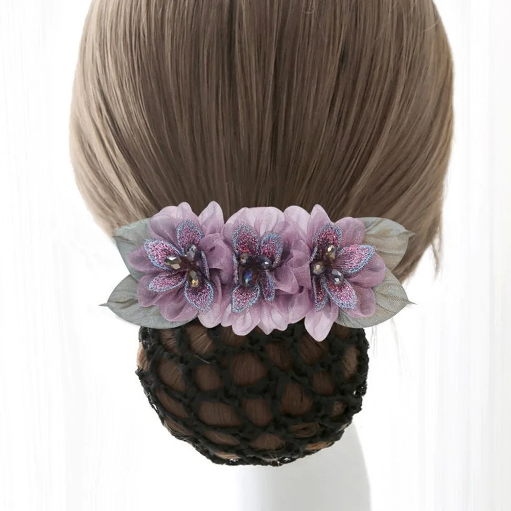 Flower Hair Bun Cover Barrettes Net Snood Hairnet Bow Bow-knot Decor for Lady Ballet Dance Office Hair Nets For Women Clip Mesh