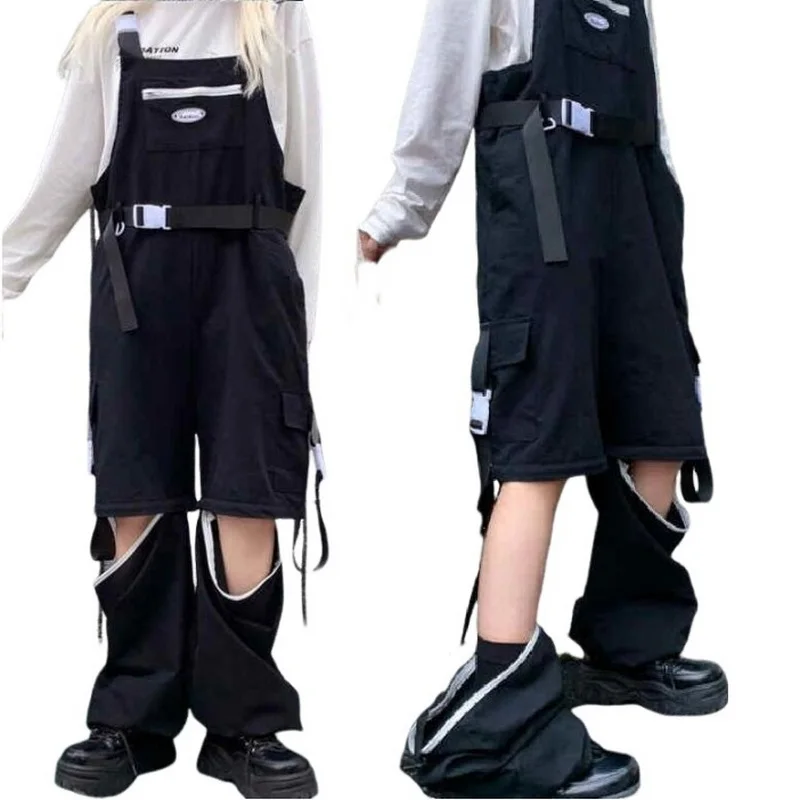 

Baggy Bind Feet Denim Trouser,Women's Street Hip-hop Detachable Suspender Overalls ,Straight Leg Wide Leg Pants