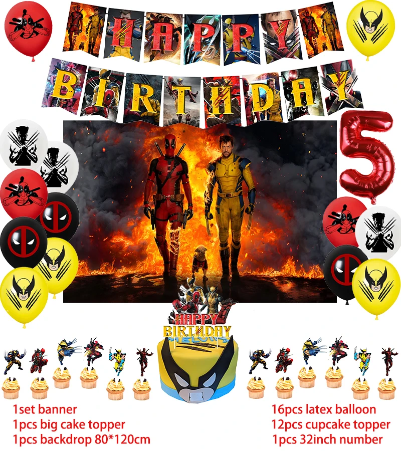 Description Picture 2 of itemDeadpool And Wolverine Birthday Party Decoration Balloon Banner Backdrop Cake Topper Supplies Baby Shower