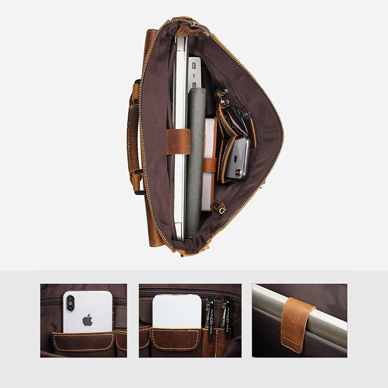 OYIXINGER Retro Leather Men's Business Briefcase For 14inch Laptop Vintage Computer Bag New Male Cowhide Messenger Bag Handbag