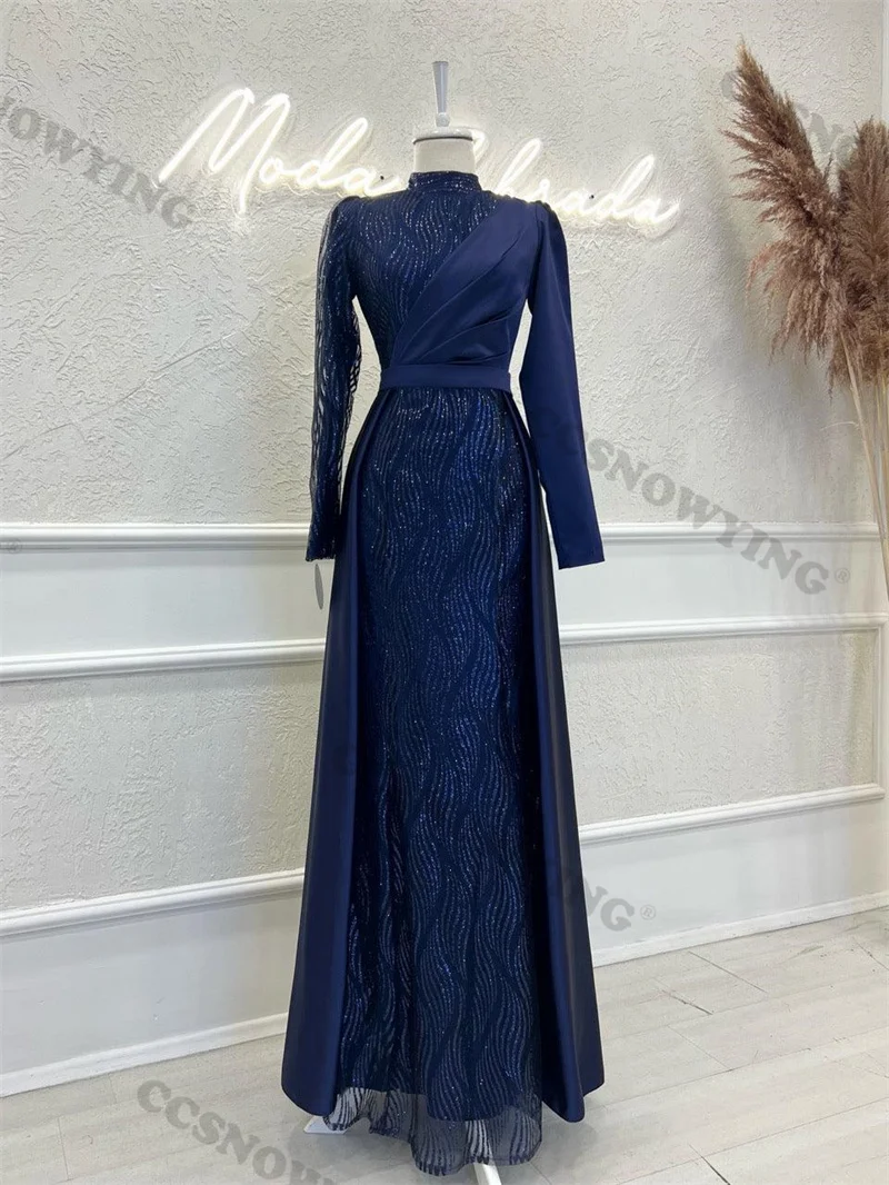 

Satin Sequin Long Sleeved Muslim Evening Gress with Sheer Perspective and Luxurious High Neck Formal Party Gown