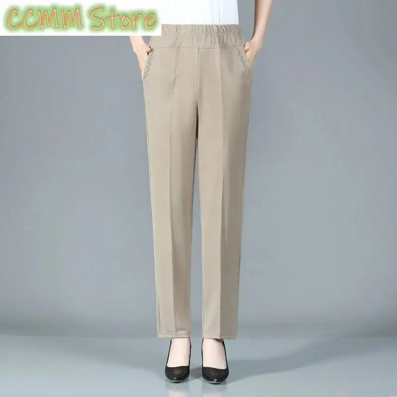 New Summer Ice Silk Mid Aged Casual Pants Women's Elastic High Waist Solid Print Pocket Korean Versatile Slim Straight Trousers