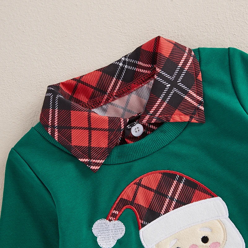 Kids Christmas Sweater Plaid Santa Reindeer Long Sleeve Lapel Neck Casual Two Fake Piece Pullover for Boys