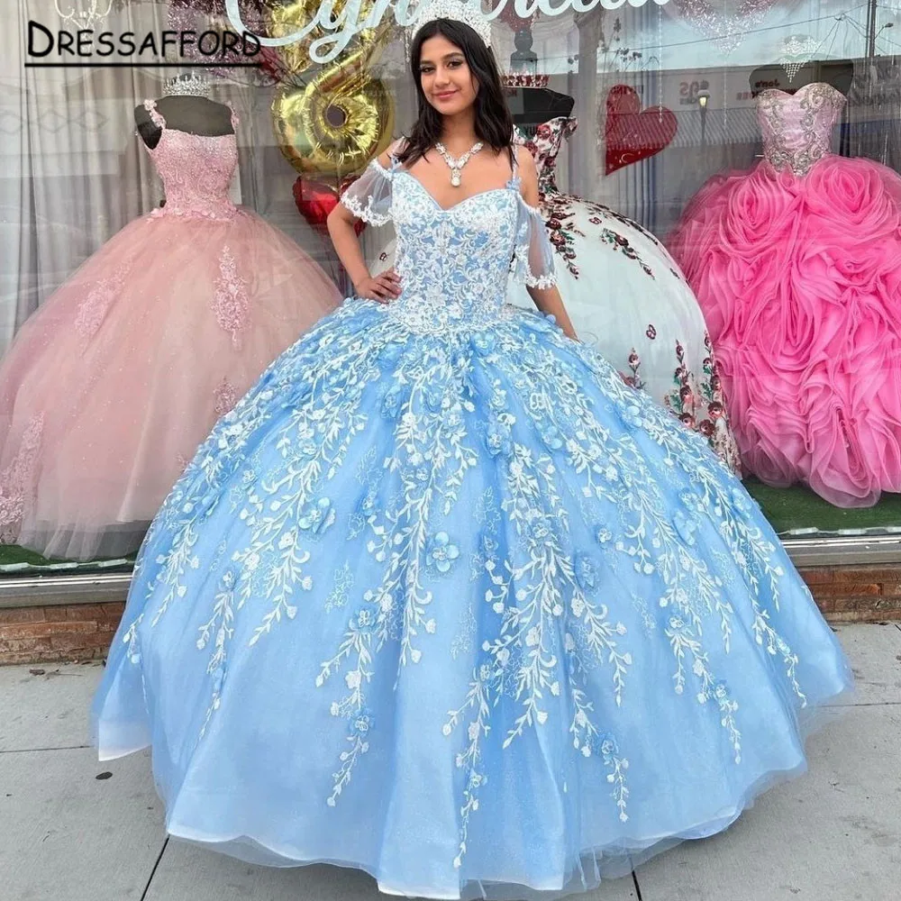

Sky Blue Sparkly Quinceanera Dresses 2023 Formal Luxury Party Beading Lace Appliques Sweet 15 Dress Graduation Ball Gwon