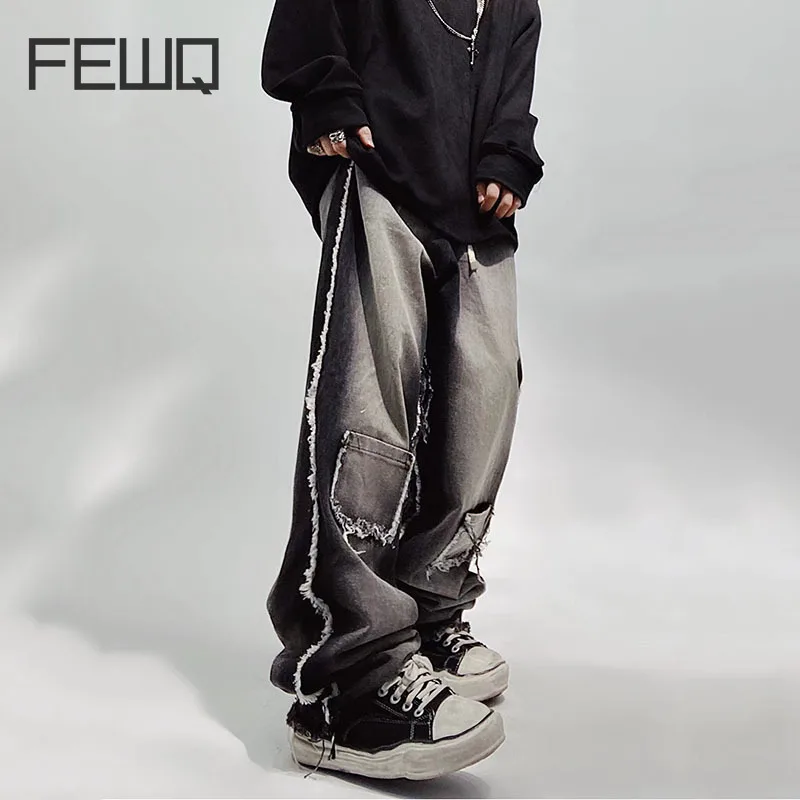 

FEWQ Men's High Street Tassel Jeans Wornout Male Denim Trousers Spliced Safari Style Pants Streetwear Gradient Color New 24B2587