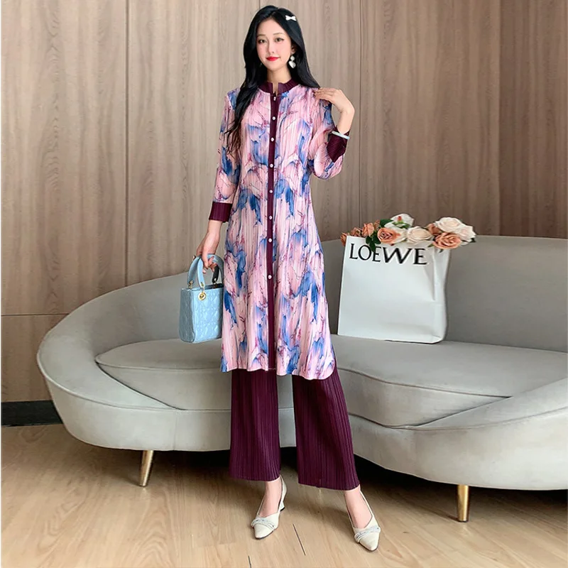 Miyake 2024 Spring Long Pleated Cardigan Jacket Geometric Floral Loose Pants Two-piece Set with Oversized Elastic Women's Set