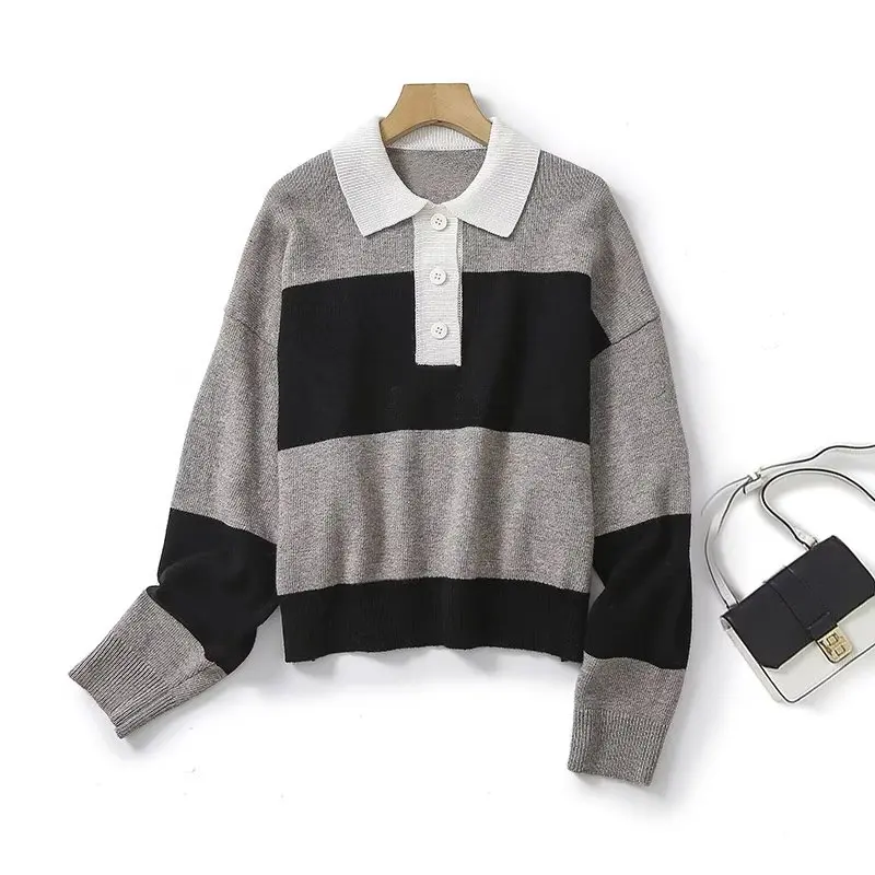 

Women's Fall 2023 Fashion Casual Joker Loose Stitching Knitted Sweater Retro Polo Neck Long Sleeve Female Pullover Chic Top.
