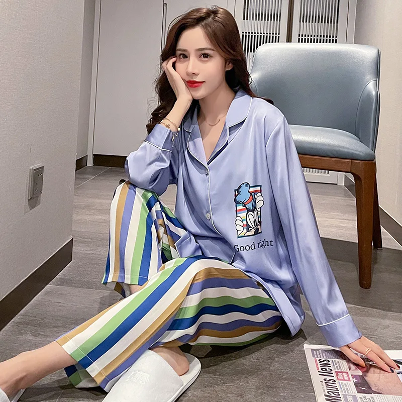 

Ladies' new ice silk pajamas imitation silk loungewear new two-piece set 잠옷 여름 pajamas for women