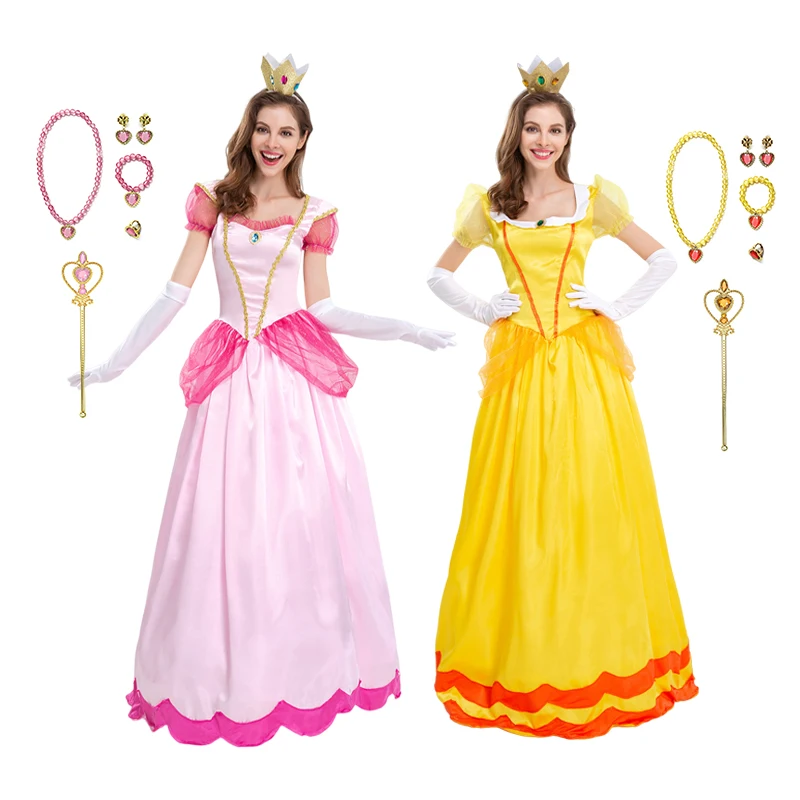 

Princess Peach Adult Cosplay Costume Women Fantasia Dress Party Prom Halloween Clothing Up Disney Pink Dress 5 PCS