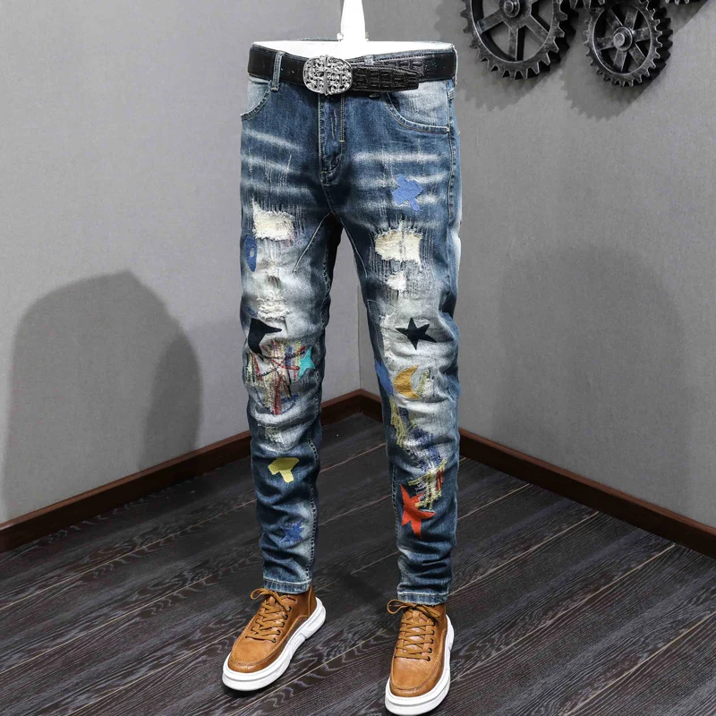 Street Fashion Men Jeans Retro Blue Slim Fit Stretch Ripped Jeans Hole Trousers Embroidery Patch Designer Hip Hop Pants Hombre street style fashion men jeans embroidery designer big pocket casual cargo pants hombre hip hop joggers pants men overalls