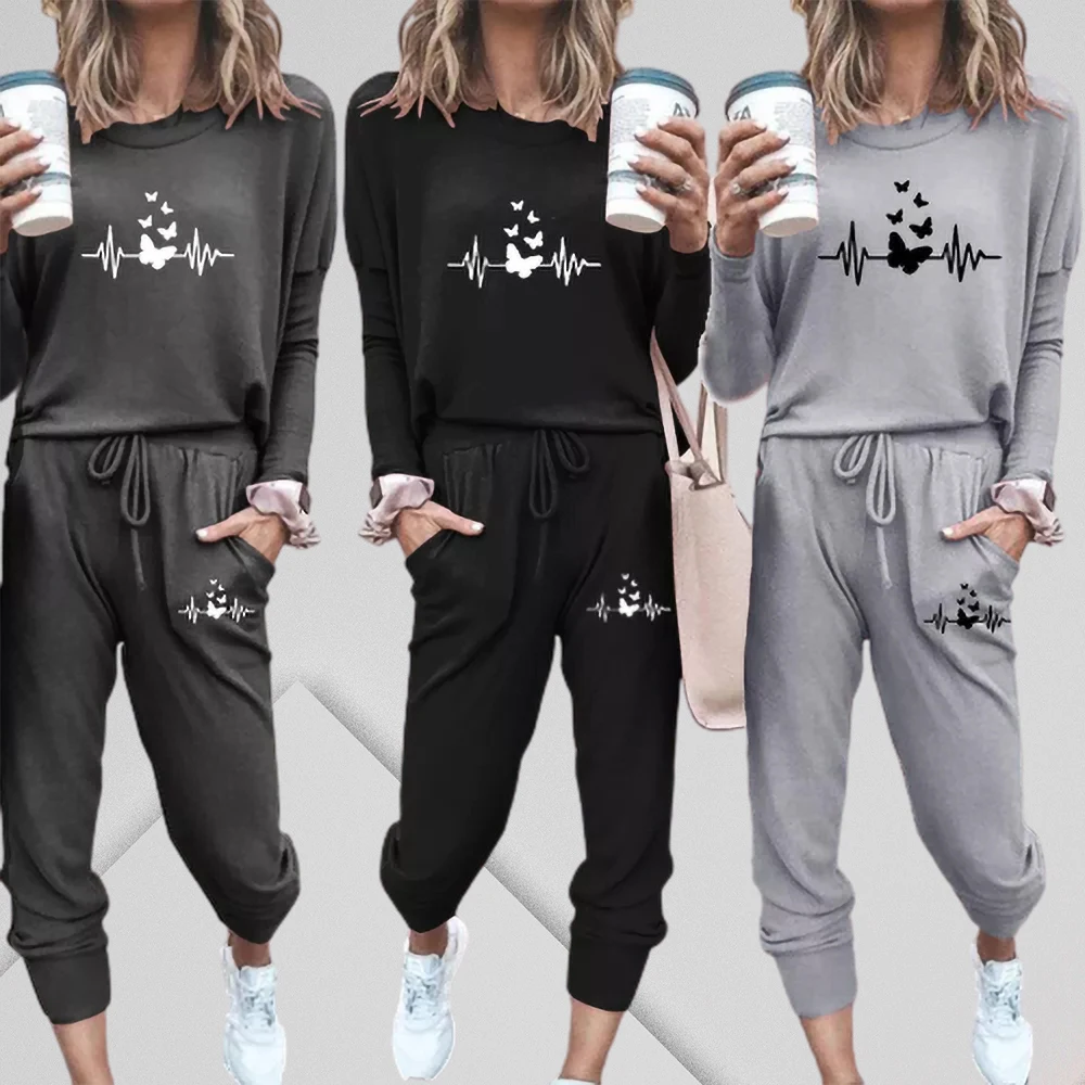 

2023 New Hot Woman 2 Pieces Casual Fleece Tracksuit Women Suit Long Sleeve Pullover + Sports Pants High Street Fashion Home Suit