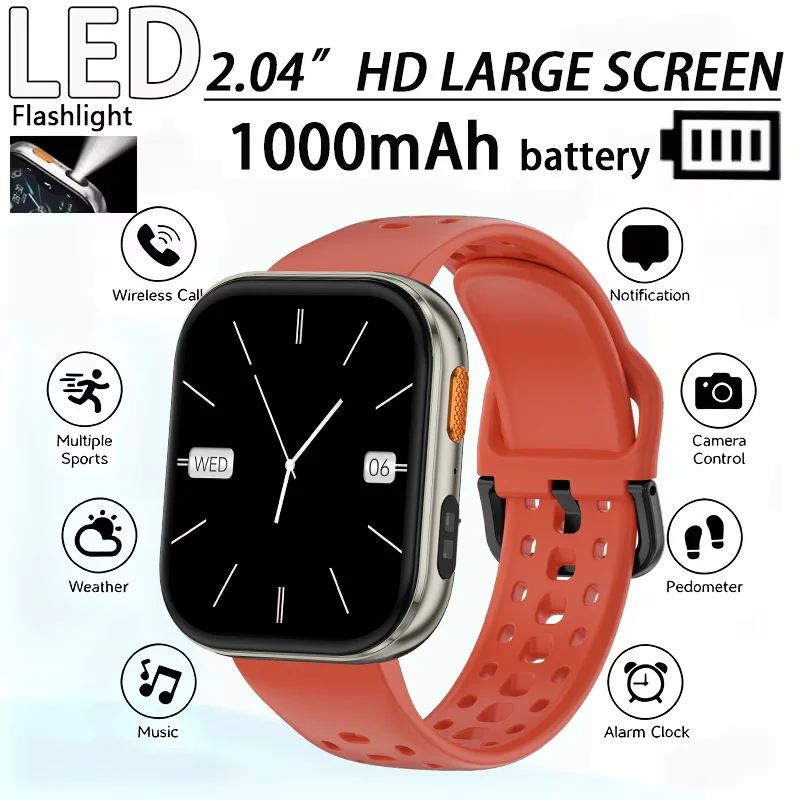 2026 New 1000mAh Smart Watch 2.04" HD Screen Smartwatch LED Flashlight 100+sports mode BT Call Waterproof SmartWatches Men Wome