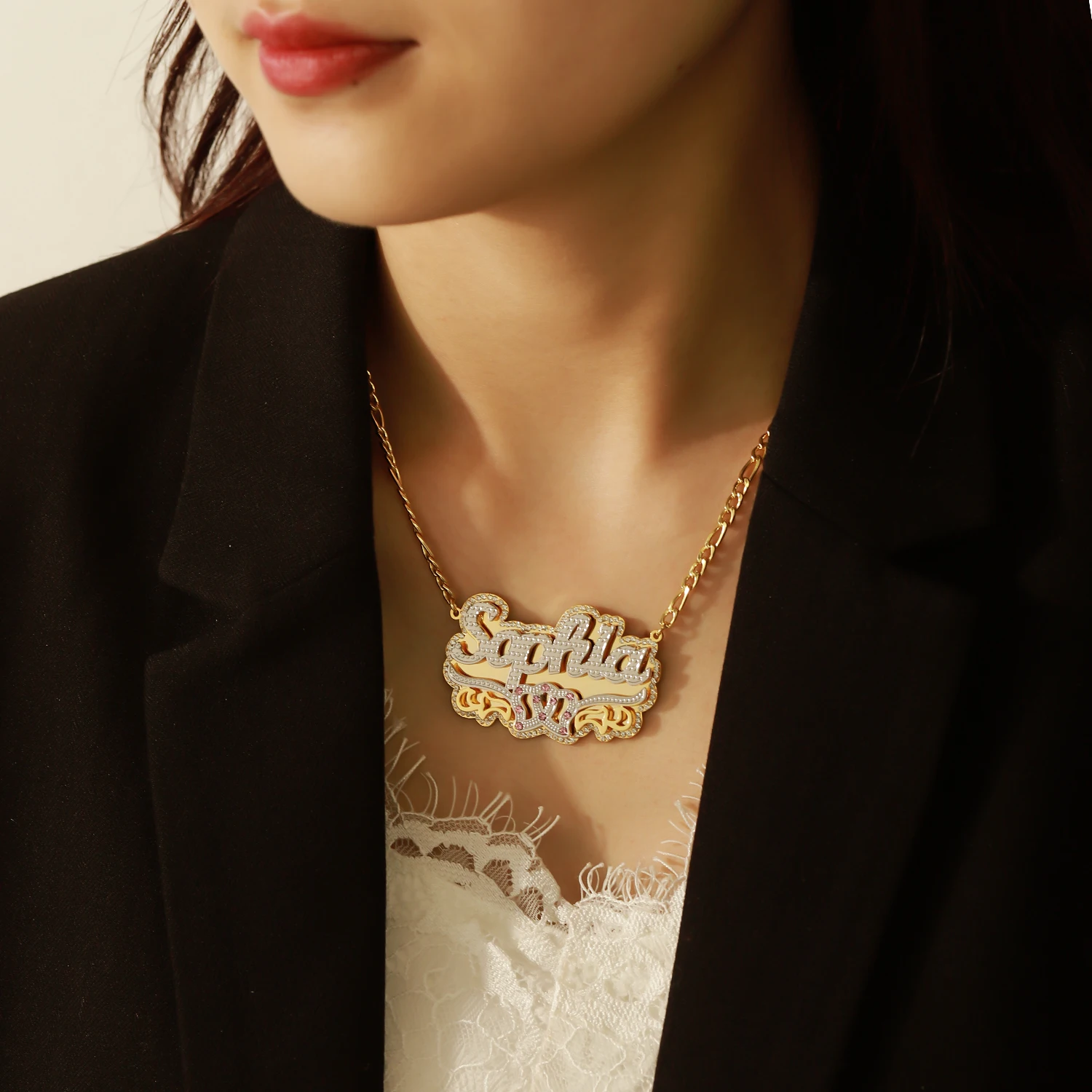 Dascusto Personalized Nameplate Name Necklace Custom 3D 18KGold Plated Double Diamond Choker Pendant Two-Tone  Chain For Women