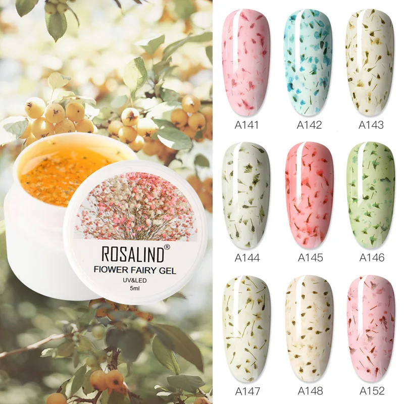 

ROSALIND DIY Nail Art Dried Flower Gum Gel Nail Polish Hybrid Varnishes Permanent Paint Flower Gel Need Base And Top Coat 5ml