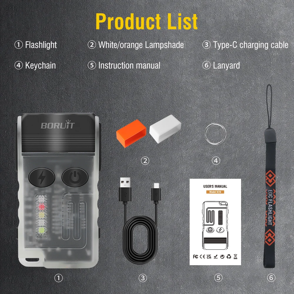 BORUiT V20 180 ȸ  LED  Űü USB-C  ƮƮ, ķ  ġ ˶  