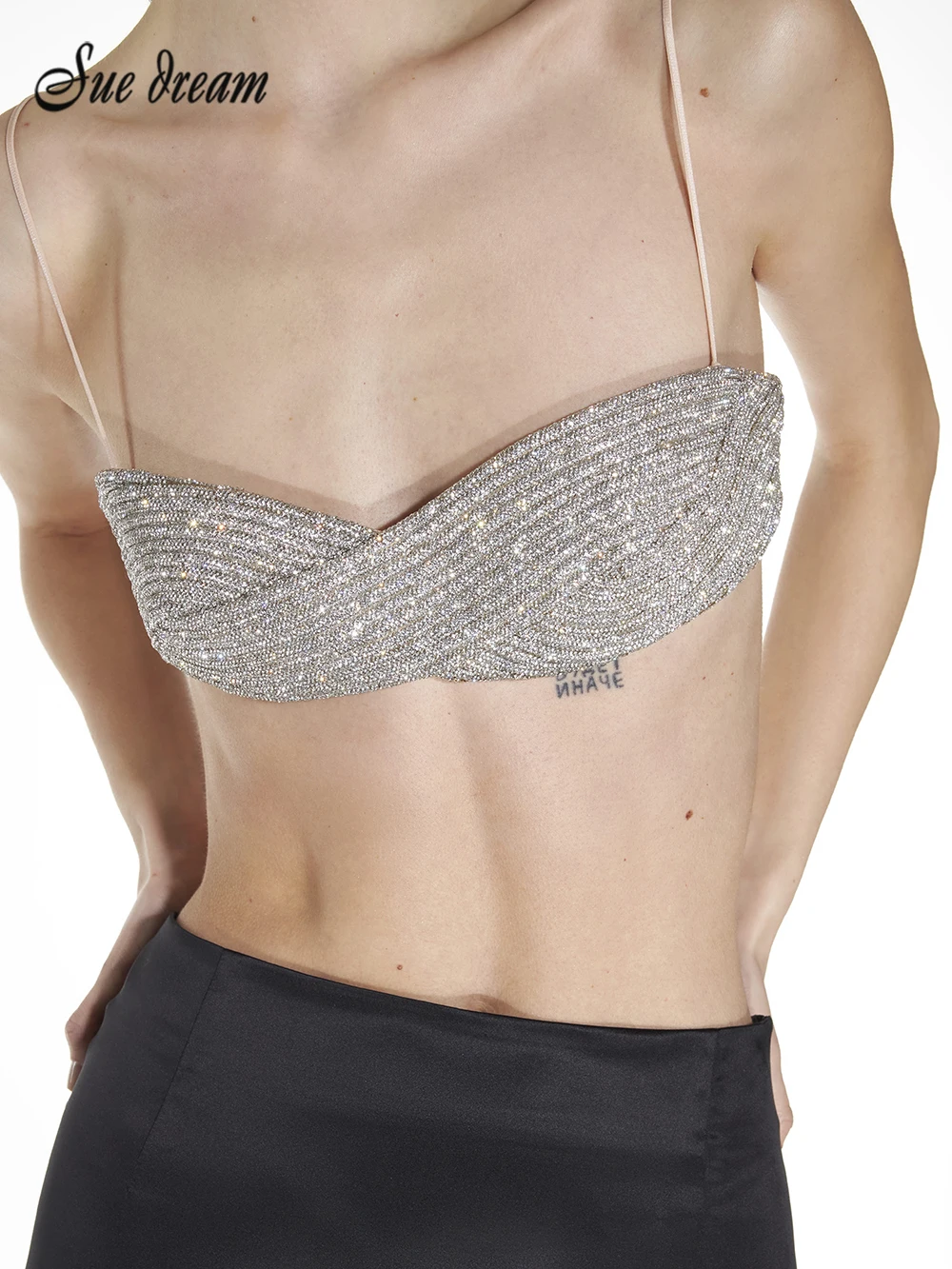 

Fashion Sexy Women's Short Tank Tops Camisole Diamonds Solid Color Sleeveless Bras Female Spring 2023 New