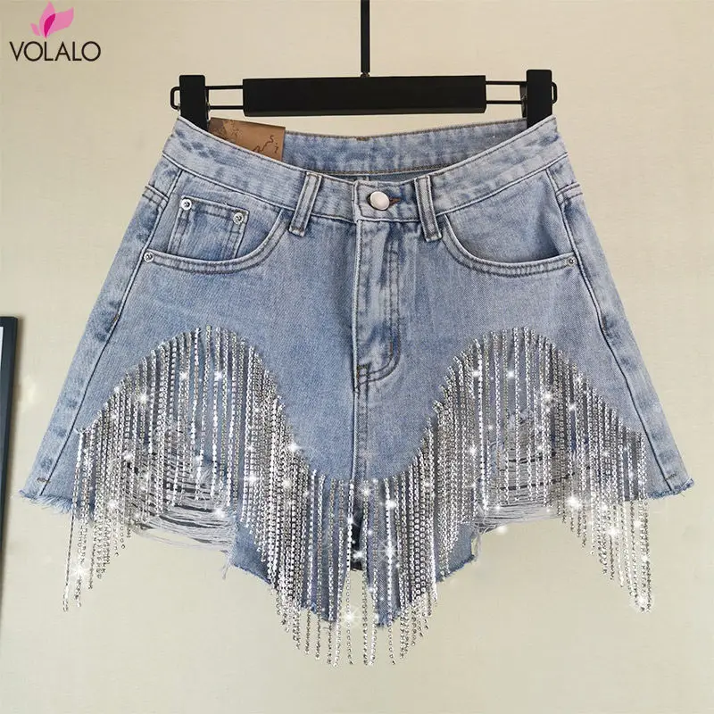 

VOLALO Summer European Style High Quality Diamond Tassels Denim Shorts Woman Fashion High Waist Jeans Shorts