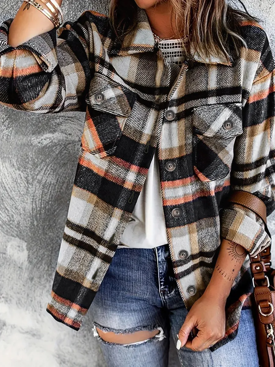 Chemisier-veste vintage à carreaux pour femme, à manches longues, boutonné, décontracté, pour l'automne et l'hiver, coupe oversize