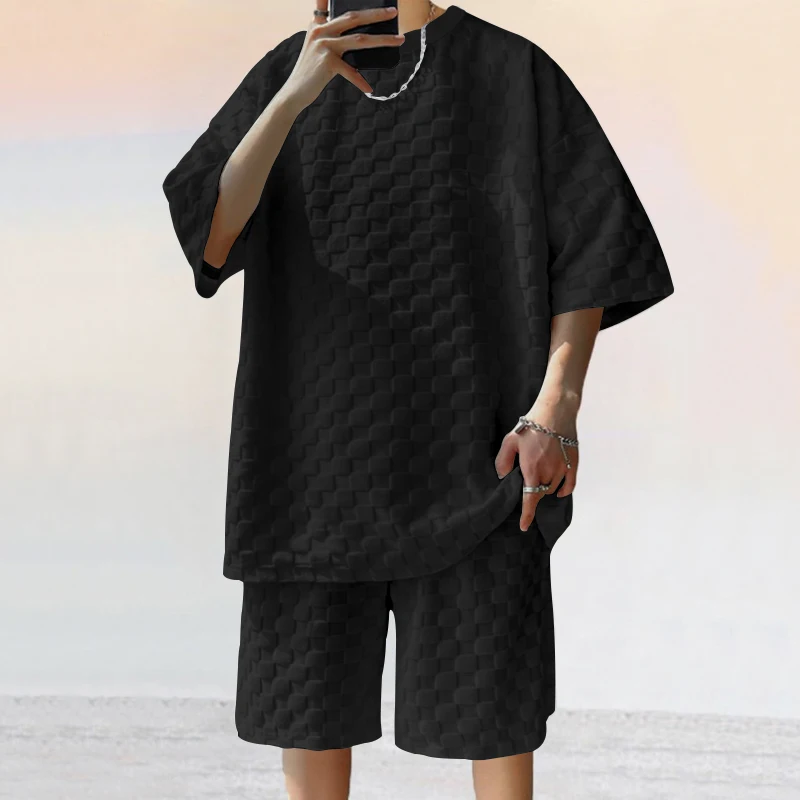 2025 cross-border men's summer new jacquard plaid short-sleeved T-shirt loose large size straight leg casual shorts set 4