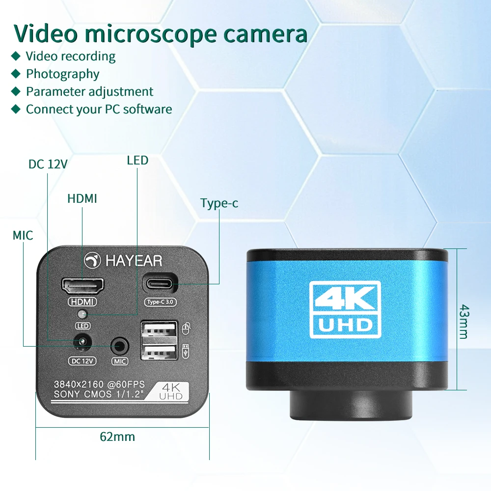 Hayear 4K 60FPS 1/2'' IMX585 비디오 녹화 카메라 세트는 휴대폰 PCB 마더보드 용접 수리용 산업용 현미경에 사용됩니다.