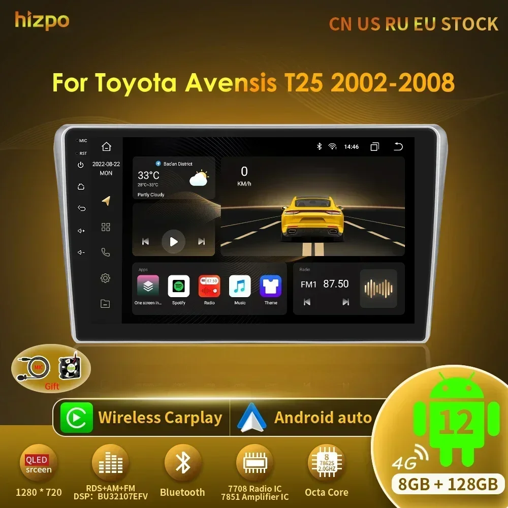 Hizpo Car Radio Multimedia For Toyota Avensis T25 2002 2003 2004 2005 - 2008 Navigation 2 Din Android Autoradio CarPlay Stereo