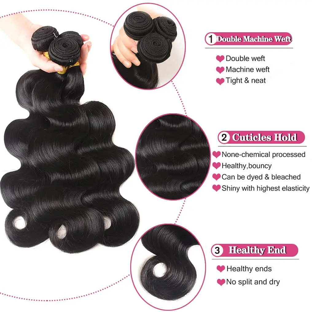 Human Hair Bundles with Closure Body Wave Brazilian Virgin Human Hair Weave 3 Bundles with 4x4 Lace Closure Natural Black Color 2