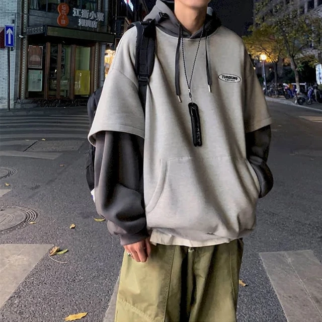 Hoodies men fake two-piece sweatshirt autumn stitching Korean loose contrast color hooded long-sleeved black  white gray design 1